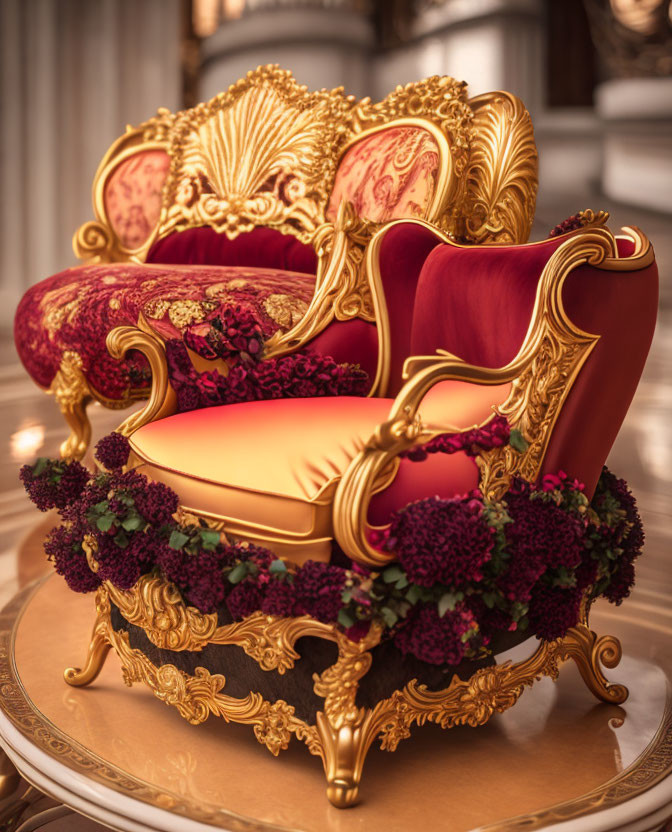 Golden and Red Velvet Armchair with Baroque Designs and Purple Flowers in Elegant Room