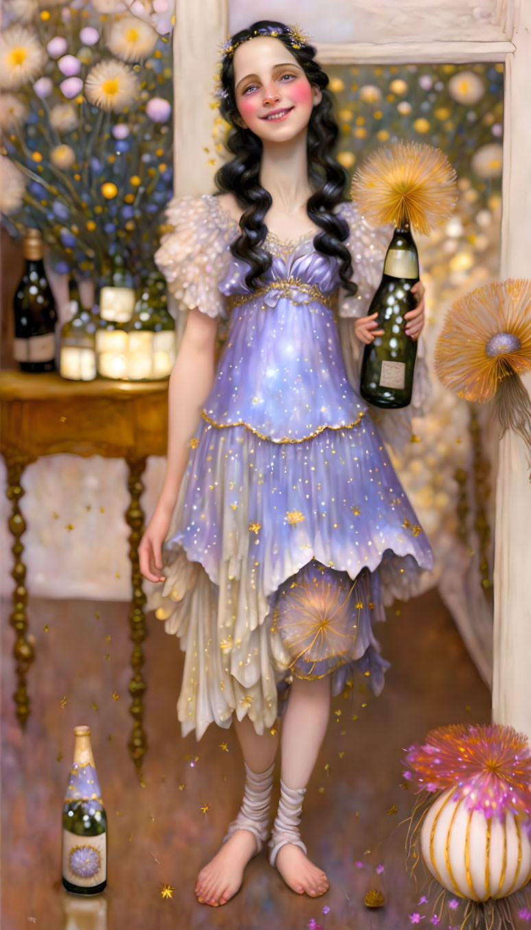 dorothy, dandelion fairy, bottle of wine
