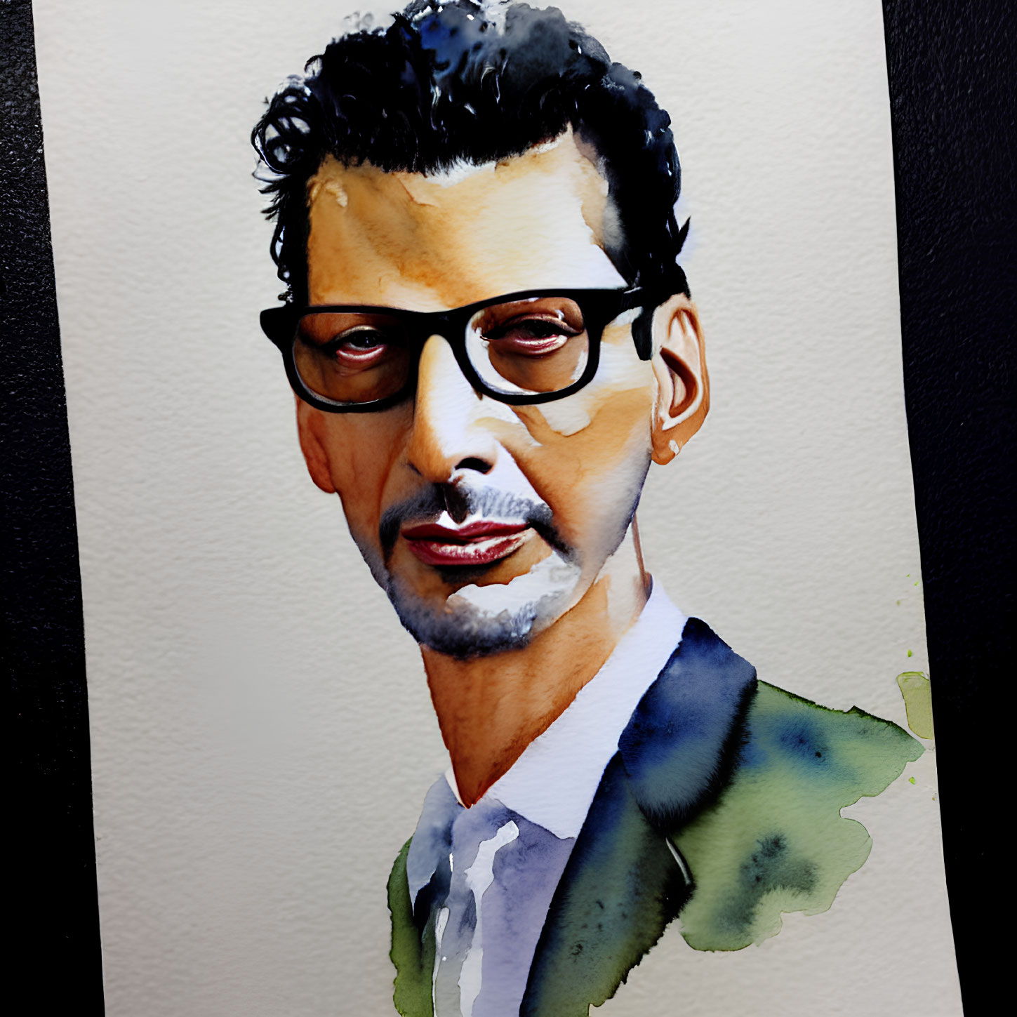 Expressive watercolor portrait of a man with glasses, mustache, and suit