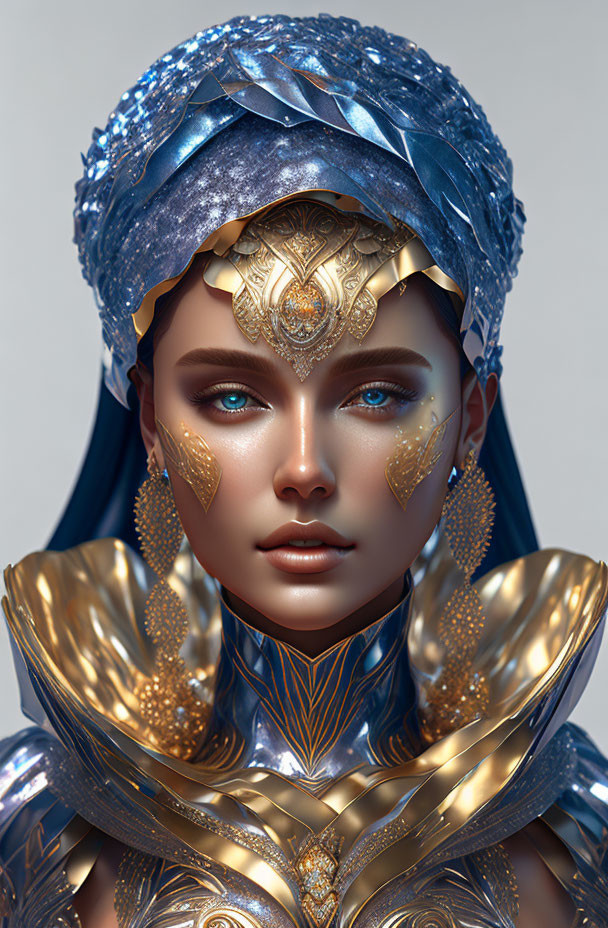 Digital artwork: Woman in ornate golden headdress and armor, cool blue tones