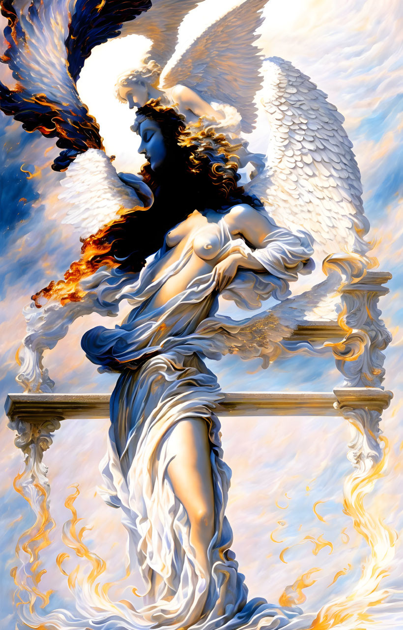 Celestial figure with fiery wings and cross on cloud in dramatic sky