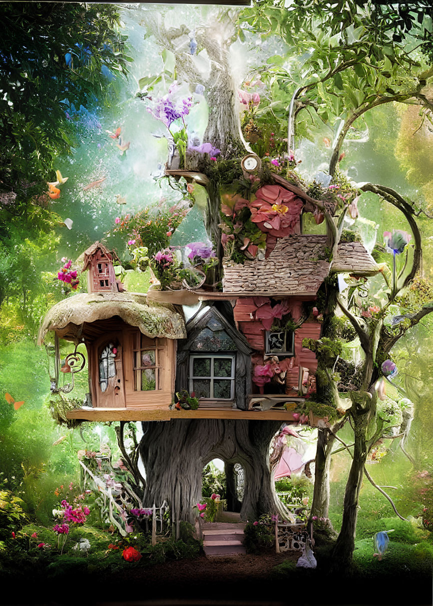 Illustration of whimsical treehouse with vibrant flowers and magical atmosphere