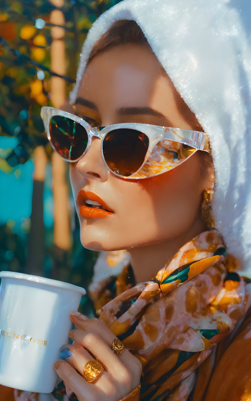 close up, woman in sunglasses & scarf, coffee