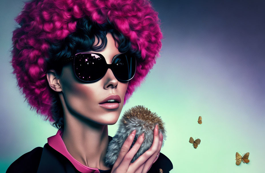 fuchsia wig sunglasses woman, holds phatic fluff