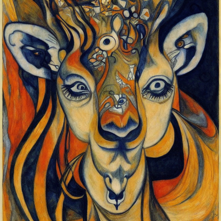 Colorful Abstract Lion Drawing with Multiple Eyes and Surreal Features