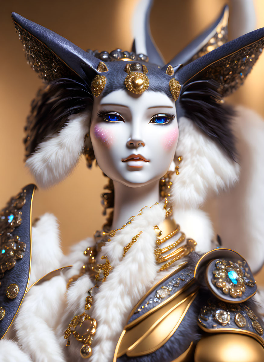 ceramic & fur cat woman, 3D art portrait