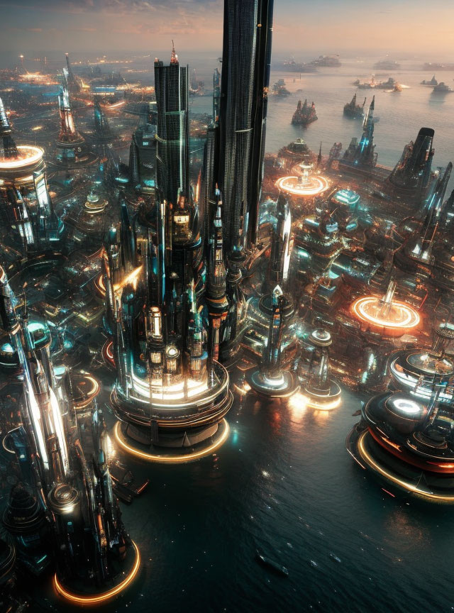 futuristic cyberpunk cityscape on the water