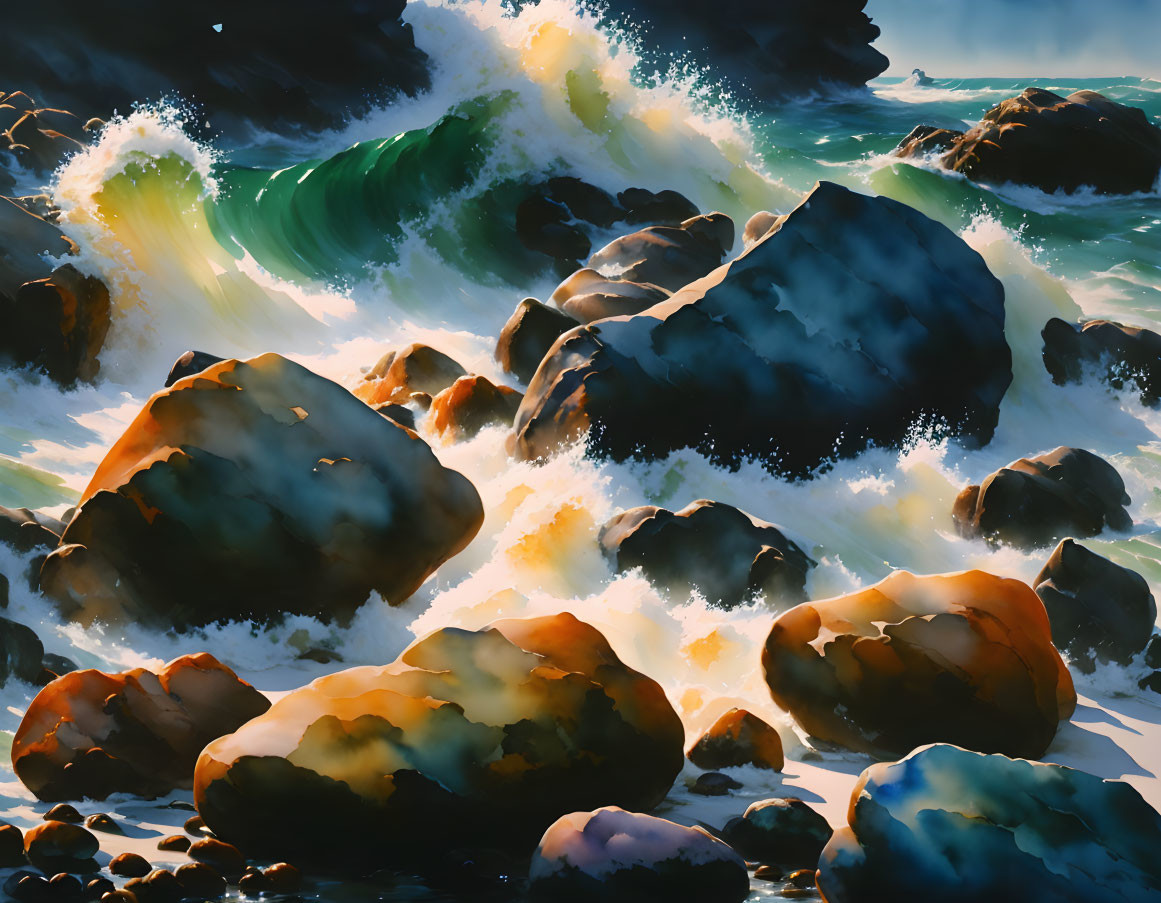 ai, waves crash on boulders watercolor painting