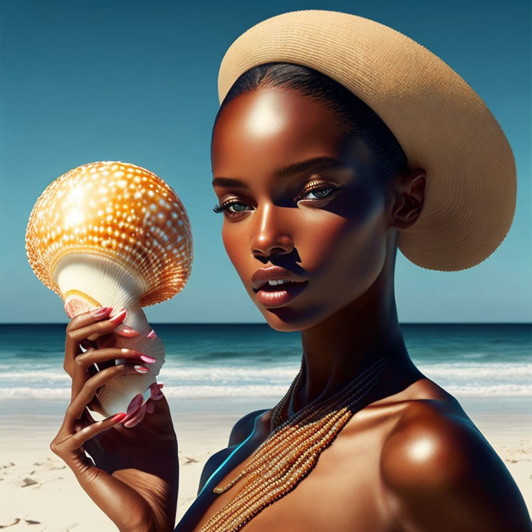 Woman Holding Iridescent Seashell Against Ocean Backdrop