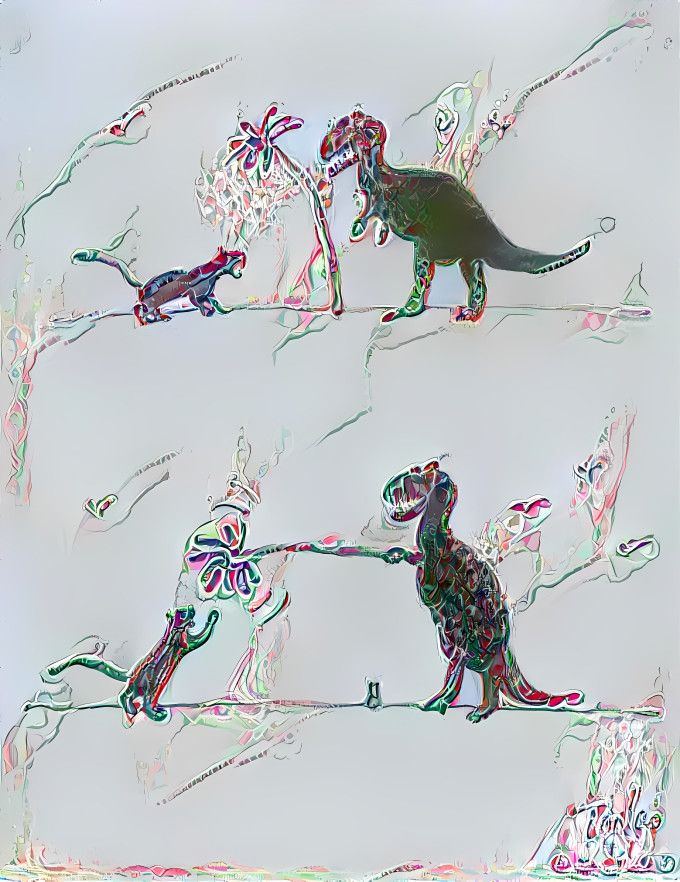 dinosaur teasing cat with palm tree, retexture