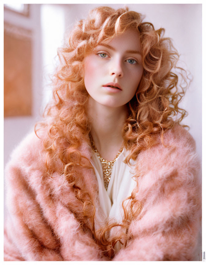 Curly red-haired woman in pink jacket and gold necklace gazes at camera