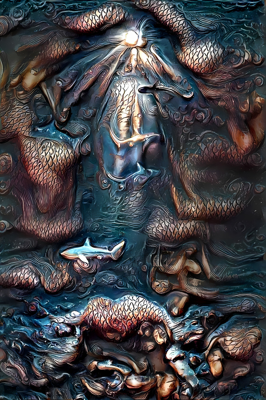 sharks underwater, bronze, sculpture
