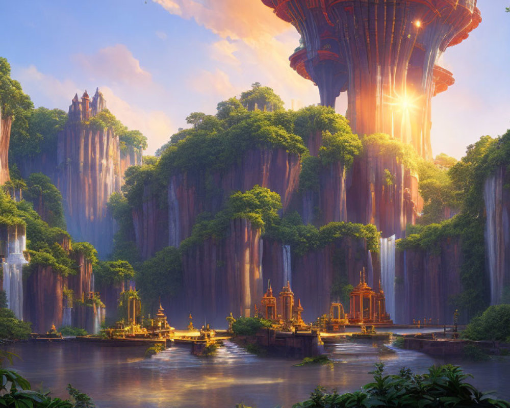 Fantastical landscape with waterfalls, forests, river, golden structures, and tree-like citadel
