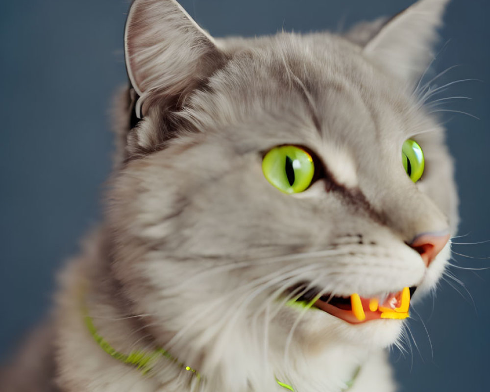 Grey Cat with Green Eyes and Collar on Blue Background