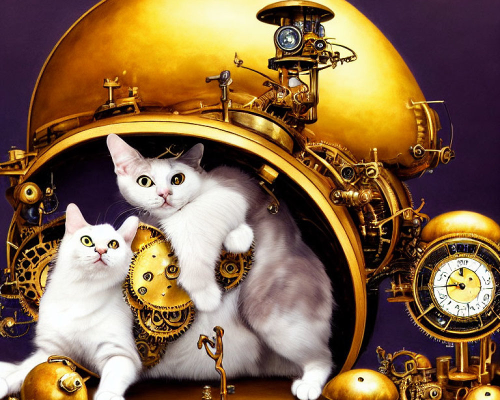 Two White Cats Playfully Posed in Steampunk Contraption on Purple Background