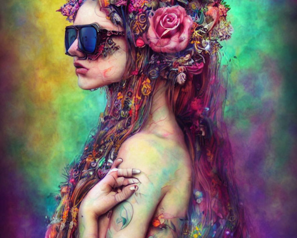 Colorful Artwork: Woman with Floral Headpiece, Sunglasses, and Tattoos