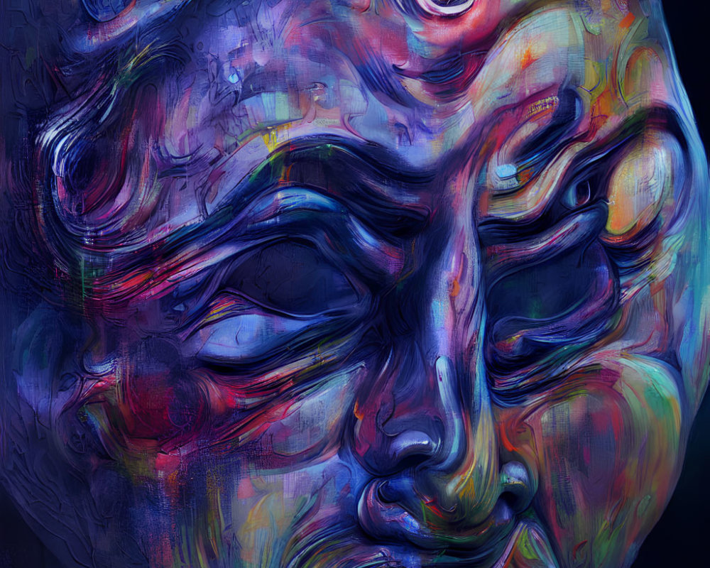 Colorful Abstract Painting of Distorted Human Face with Swirls on Dark Background