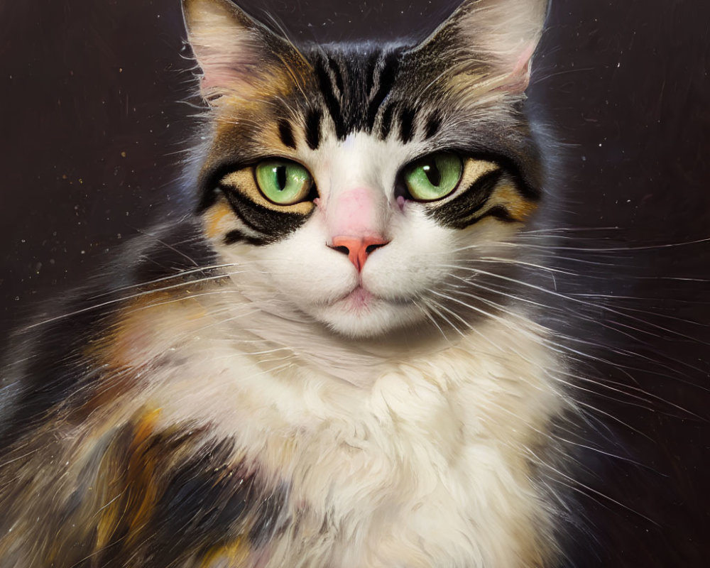 Realistic painting of a cat with green eyes and fluffy coat