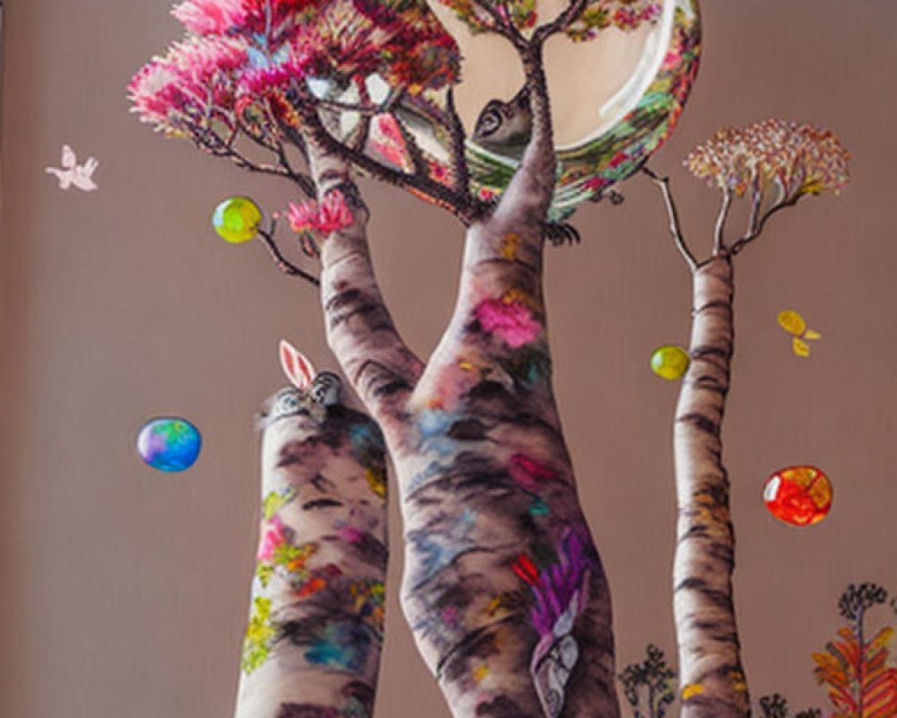 Colorful Tree Mural with Moon, Birds, and Bubbles