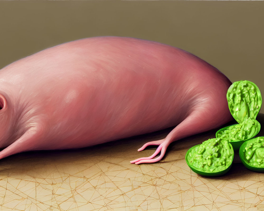 Surreal artwork: Hairless pink pig next to elongated cacti