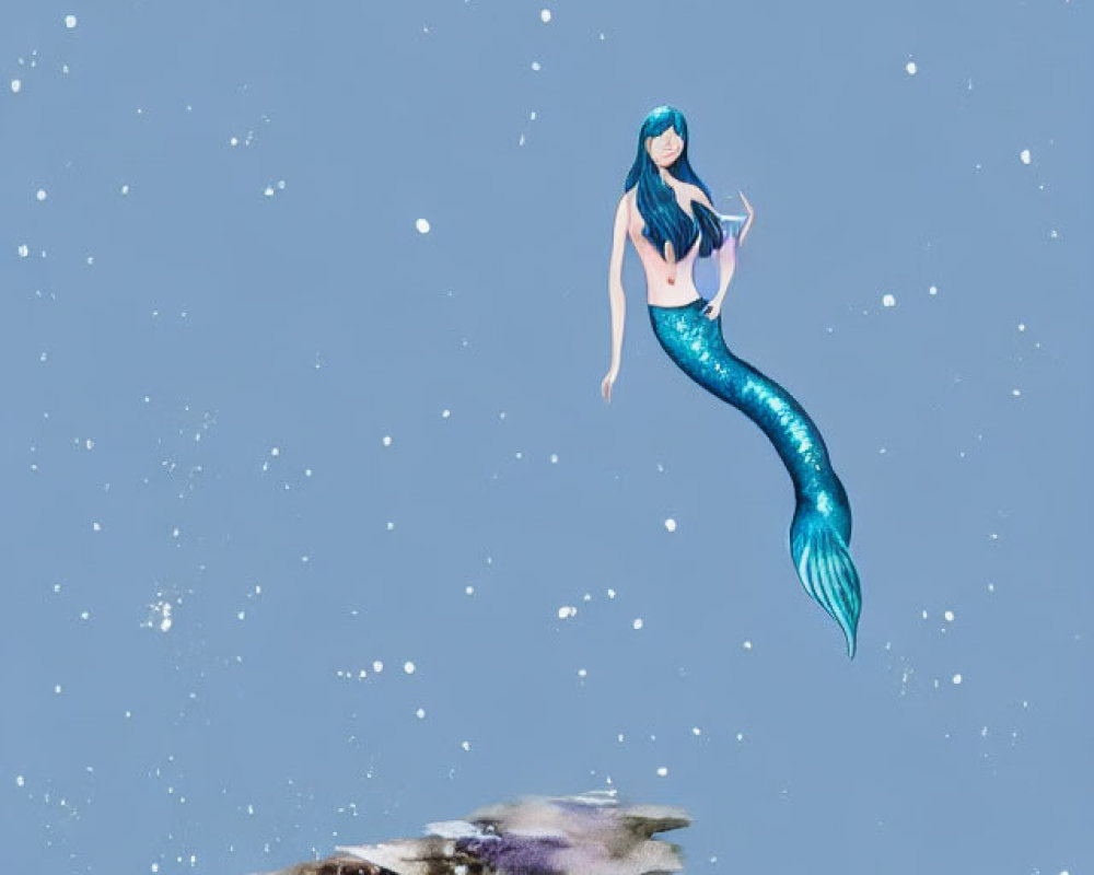 Blue-haired mermaid near rocky reef with drone in snowflake-filled underwater scene