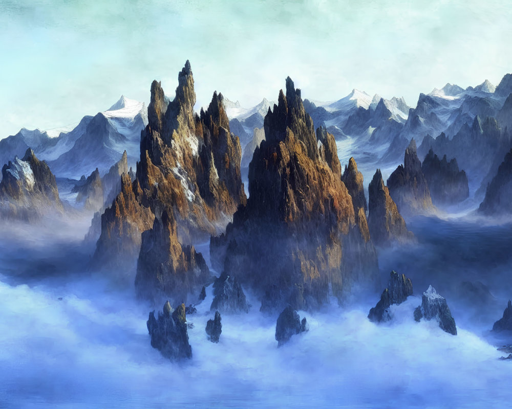 Majestic mountain landscape with mist and rocky foreground