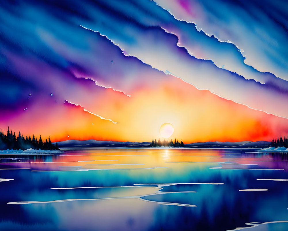 Colorful sunset digital artwork featuring purple and orange skies over a serene lake.