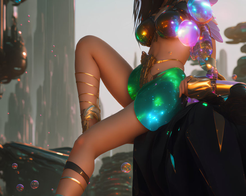 Futuristic female character with glowing orbs and mechanical wings in sci-fi cityscape