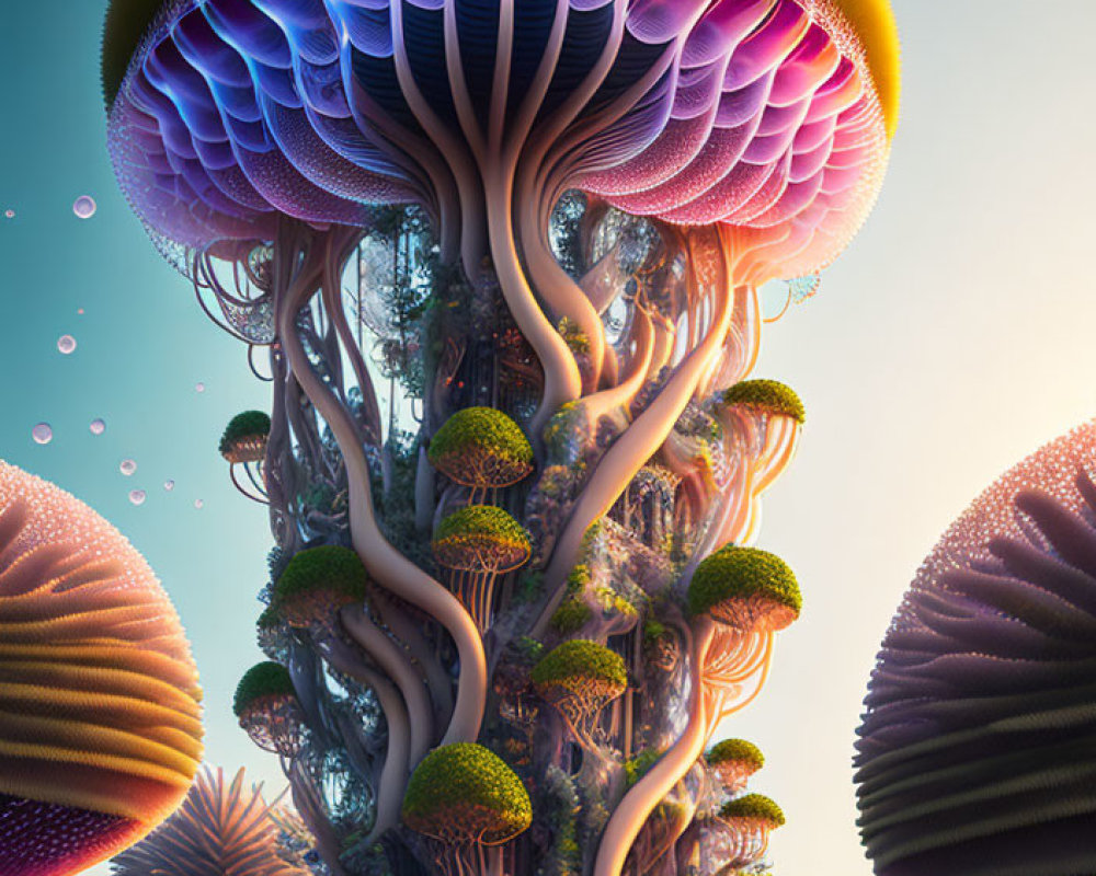 Fantastical image of towering mushroom-like structures in dreamlike setting