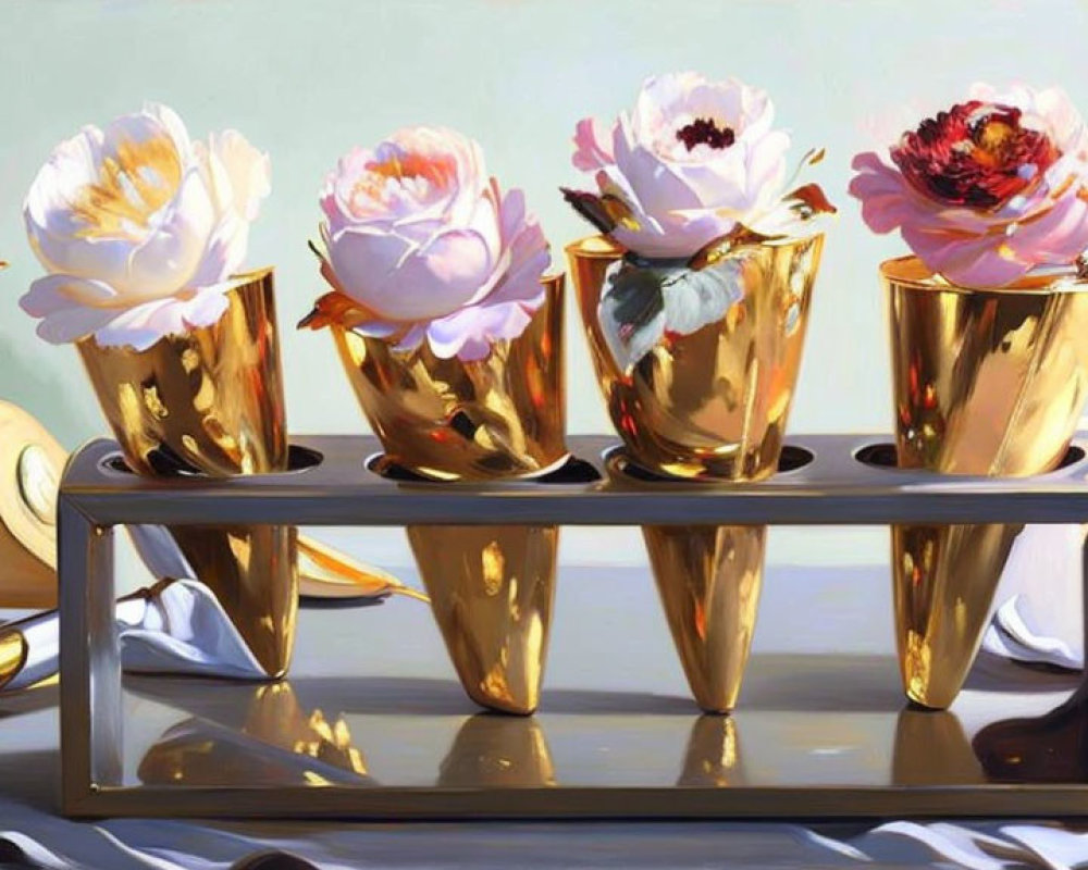 Five Gold Vases with Blooming Flowers on Reflective Surface