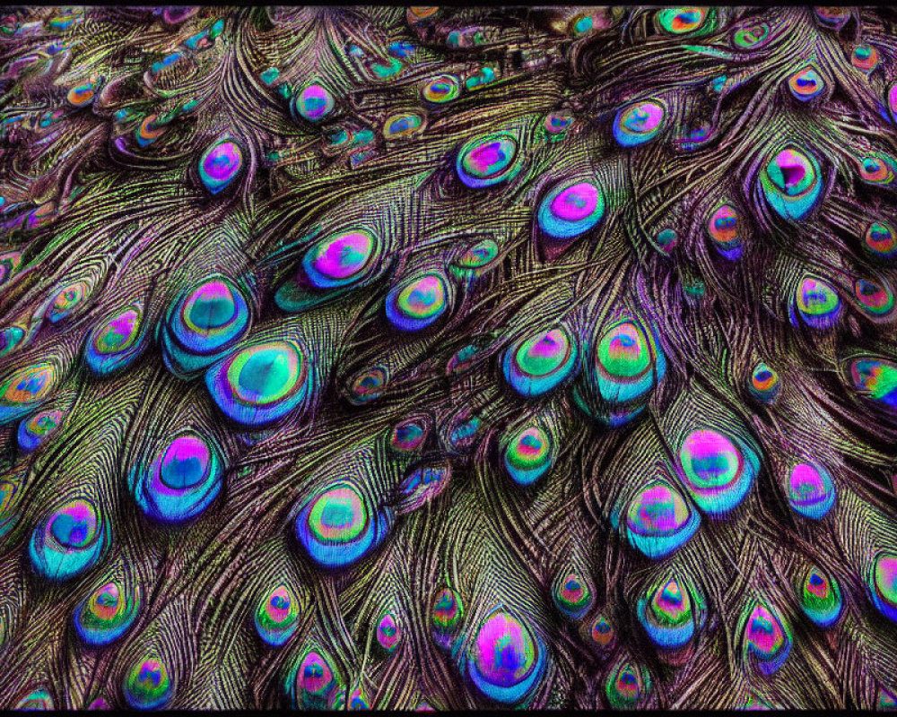 Colorful Peacock Tail Feathers: Iridescent Blues, Greens, and Purples