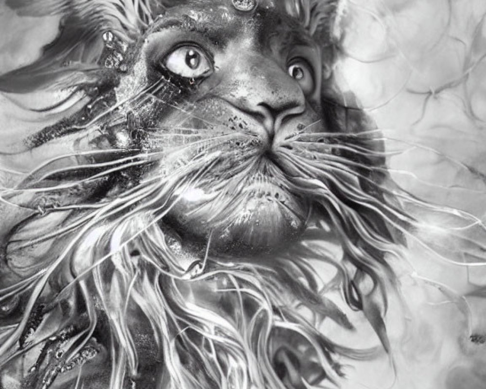 Detailed monochromatic surreal cat art with large wise eyes and decorative elements.