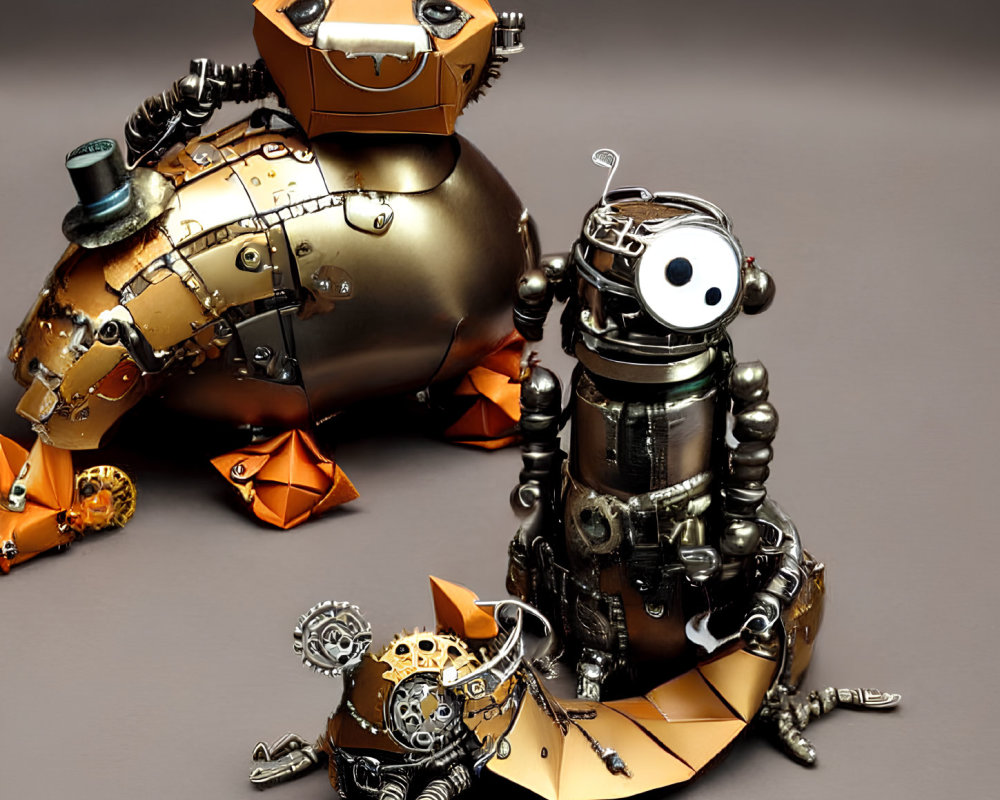 Steampunk-style robotic cat figures with gears and top hat on gray surface