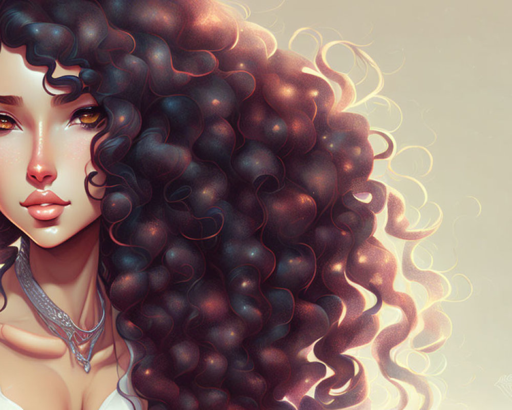 Digital Artwork: Woman with Voluminous Curly Hair and Delicate Jewelry
