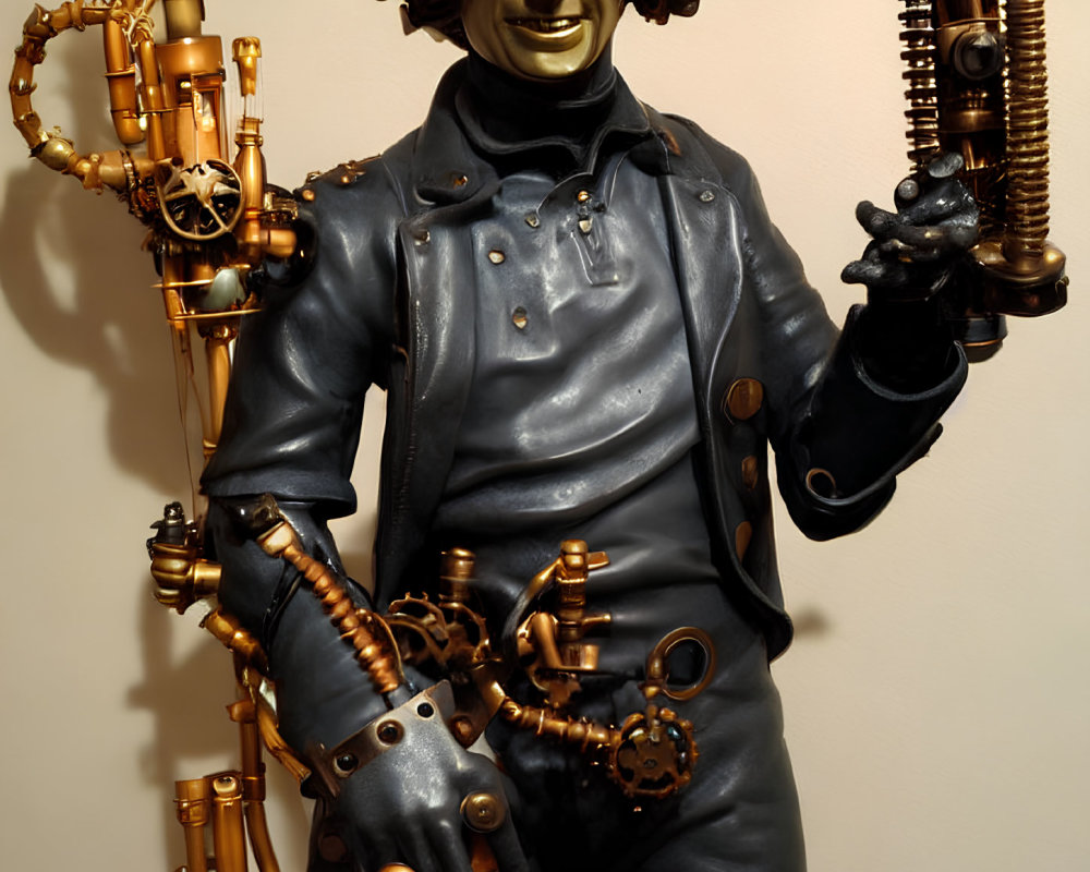 Steampunk-inspired statue with mechanical arms and goggles in leather jacket pose.