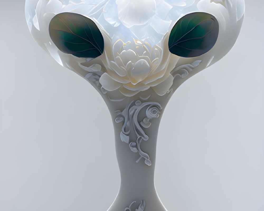 Translucent-headed alien with white floral patterns on grey background