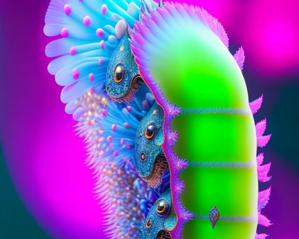 Colorful surreal creature with blue eyes on purple background