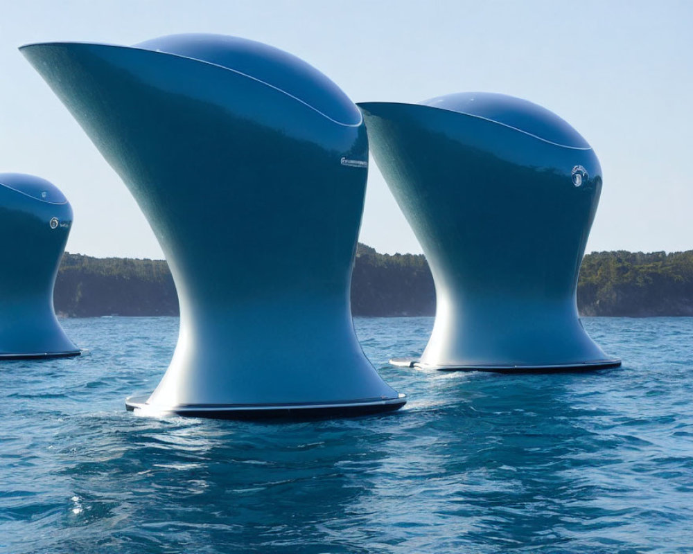 Large Fin-like Sculptures Emerging from Ocean Against Blue Sky