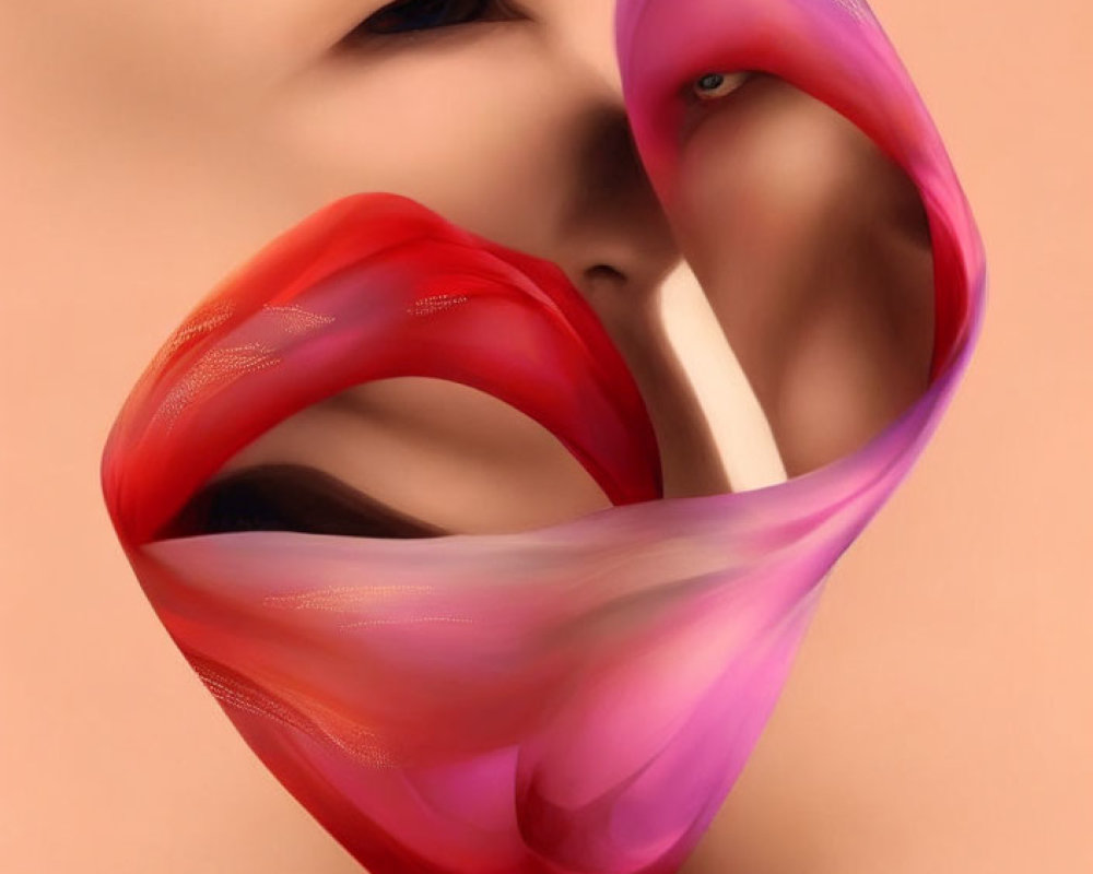 Abstract pink and red lips in woman's face artwork
