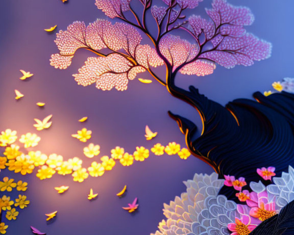 Glowing pink tree with butterflies on blue gradient background