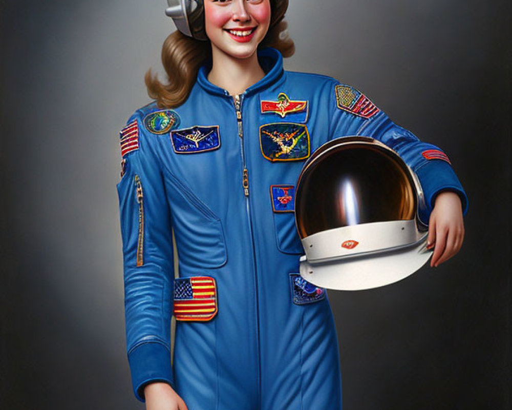 Smiling woman in blue astronaut suit holding helmet, grey backdrop