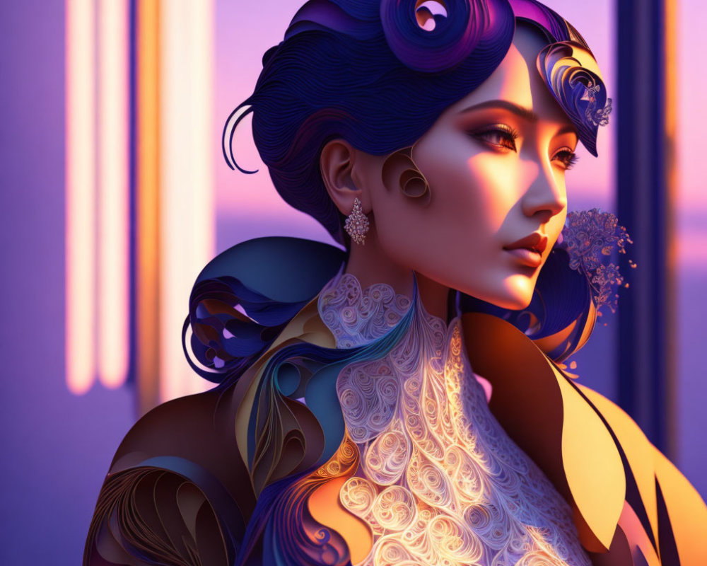 Digital artwork: Woman with blue hair, tattoos, earring on purple background