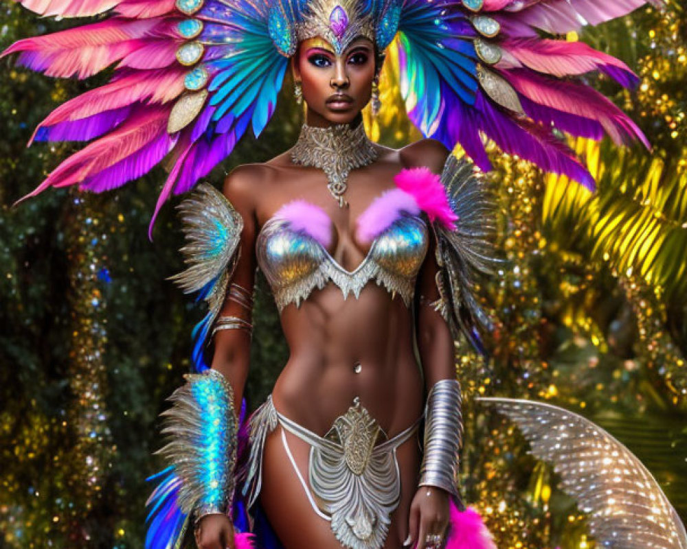 Colorful Feather Costume with Elaborate Makeup and Lush Background