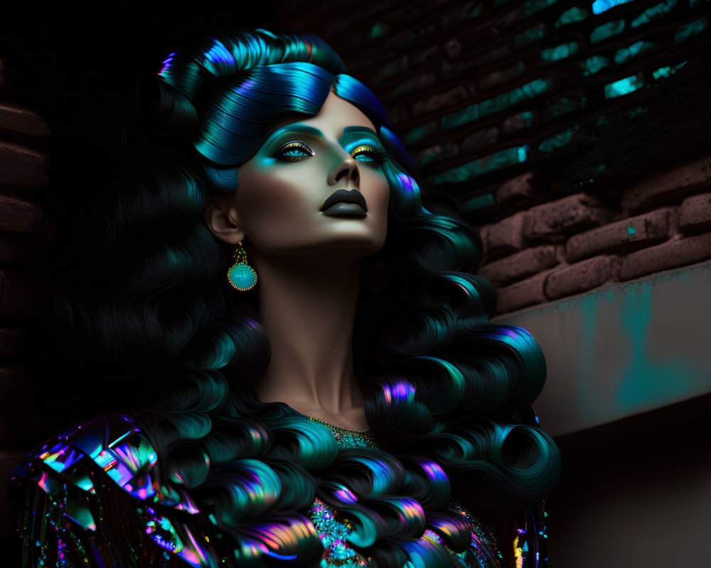 Surreal portrait: Woman with metallic blue skin, curly hair, geometric outfit, dark brick background