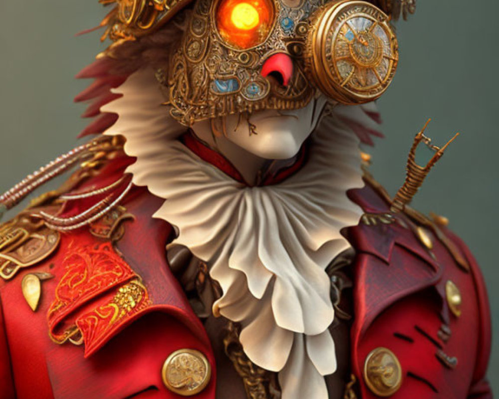 Steampunk-style cat figure with metallic mask and ornate attire