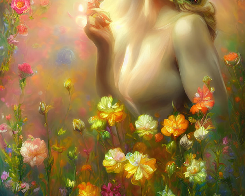 Vibrant floral field painting with woman and luminous flower
