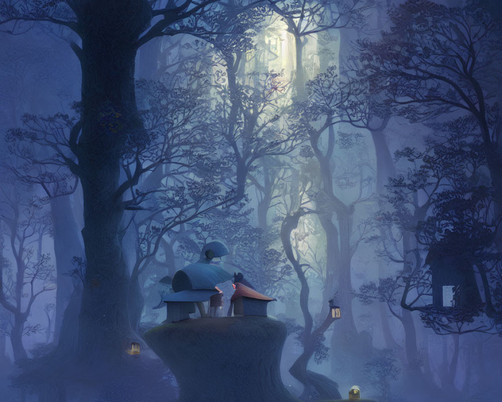Enchanting Blue Forest with Trees, House, Lanterns, Fog, and Boat