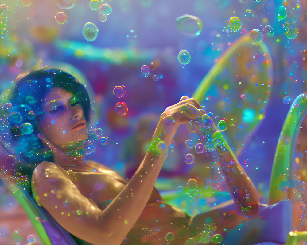 Person surrounded by colorful iridescent bubbles in dreamy backdrop