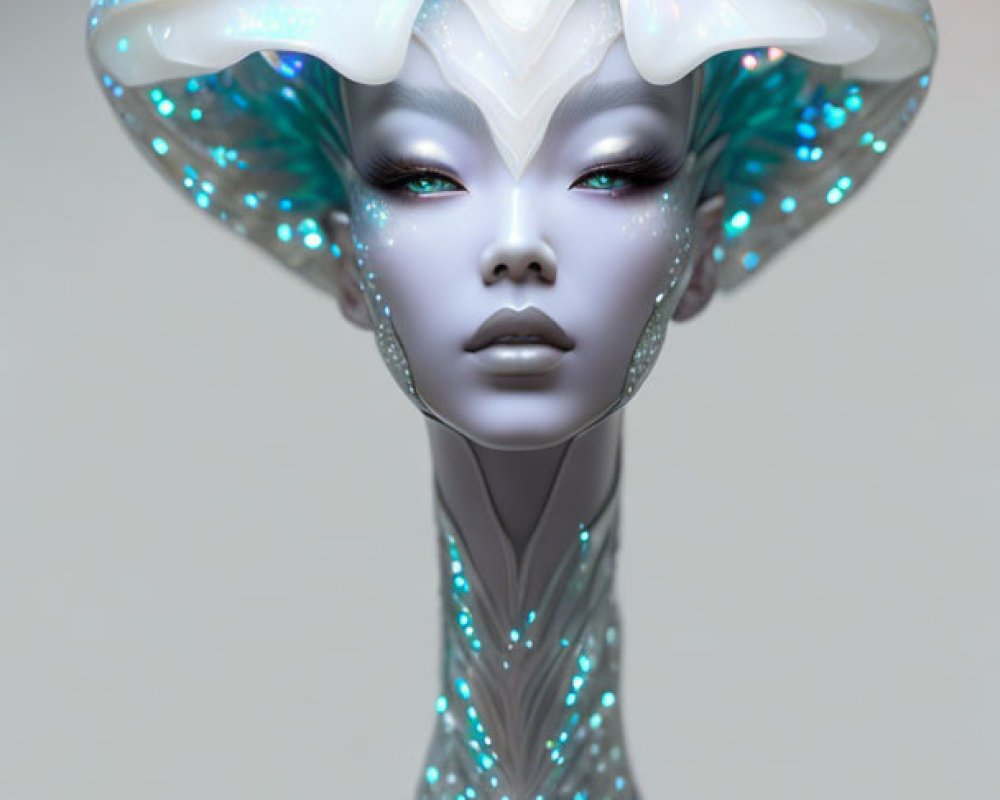 Futuristic figure with pearlescent headpiece and jewel-encrusted skin