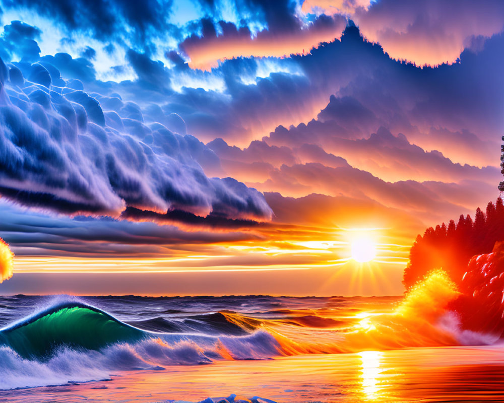 Surrealist seascape with swirling waves, sunset, and lightning